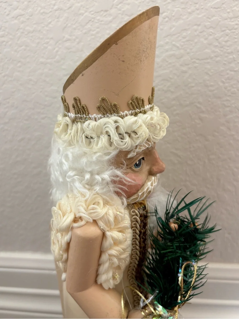 Vintage Wooden Santa Claus Nutcracker Figurine White Gold Elegant Holiday Decor